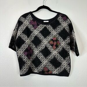 Weston knit front blouse short sleeve plaid floral wool blend spring career boho